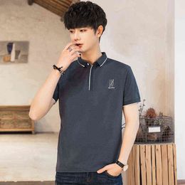 BROWON Brand New Summer Short T-shirt Men 2021 Cotton Nylon Anti-wrinkle Soft Material Turn-down Collar Letter Print Men Tops H1218