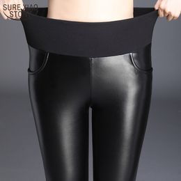 Winter Velvet Padded Pu Leather Leggings Soft Stretch Pants Warm Long High Waist Oversized Trouser Ropa De Mujer 12115 210508