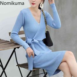 Nomikuma Sweater Dress Women Autumn Winter V-neck Knitted Bandage Dresses Knee Length Long Sleeve Solid Colour Vestidos 3d375 210514