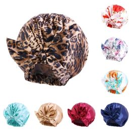 Waterproof Fabric Satin Floral Printed Night Sleep Cap Double-Layer Elastic Hair Care Hats Shower Bonnets Leopard beauty Caps