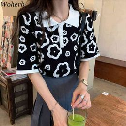 Summer Short Sleeve Sweater Women Fashion Floral Print Vintage Knitwear Casual Knitted Tops Jumper 210519