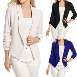 Women Blazers and Jackets 3/4 Sleeve Blazer Open Front Short Slim Suit Jacket Work Office Coat Female Tops Suit Outwear 2019 X0721