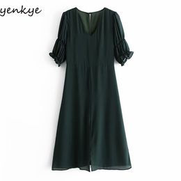 YENKYE Chiffon Summer Dress Women Sexy Hem Slits Vintage Dark Green Vestido Female Short Sleeve V Neck High Waist A-line Dress 210515