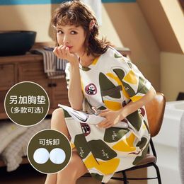 Women's Sleepwear Women Pure Cotton Student Pyjamas High Quality Chest Pad Nightdress Short Sleeve Home Wear Casual Cartoons