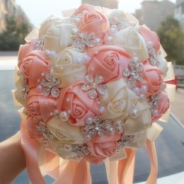 Coral Pink Ivory Champagne Satin Rose Festival Stitch Bouquets Custom Ribbon Wedding Bridal Bouquet Flowers Colour Option W224A-6 210317