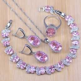 Natural Pink Crystal Silver Colour Costume Jewellery Sets White Zircon Bracelets Pendant&Necklace Rings Earrings H1022