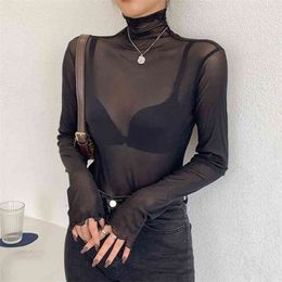 WWENN Tops Summer Korean Fashion Clothing Transparent Mesh Thin Sexy Elasticity T Shirt Women T-Shirt Long Sleeve Tshirt Top 210507