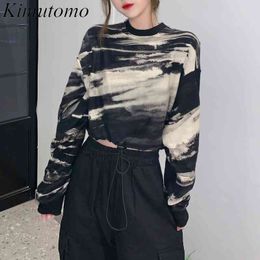 Kimutomo Vintage Tie Dye Sweatshirt Women Hong Kong Style Spring Female O-neck Long Sleeve Short Tops Outwear Casual 210521