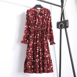 Autumn Women Dress For female Long Sleeve Red Black Floral Polka Dot Vintage Chiffon Shirt Dress Casual Winter Midi Dresses 210507