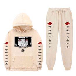 Japanese Cartoon Graphic Casual Tracksuit 2 Piece Outfit Men Fall Winter Warm Hoodies Pullover Sweatpants G1215