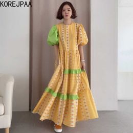 Korejpaa Women Dress Summer Korean Chic Ladies Western-Style Round Neck Wood Ears Contrast Flower Loose Puff Sleeve Vestido 210526