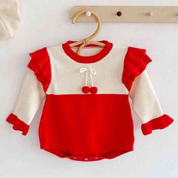 Spring Autumn Toddler Clothing Baby Girls Cherry Rompers Kids Girl Long Sleeve Knit 210429