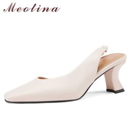 Meotina Shoes Women Natural Genuine Leather Sandals Pleated High Heel Shoes Square Toe Kitten Heel Ladies Footwear Summer Black 210608