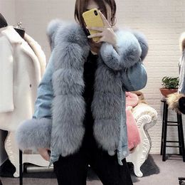 Winter Women Natural fur big fur collar Coat Denim loose fashion Fur detachable Rabbit lining Parka Leather Jacket 211108
