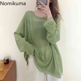 Nomikuma Thin Striped T-shirt Women Loose Korean Style Tops Summer Clothes See Through Long Sleeve Tshirts Camisetas 210514