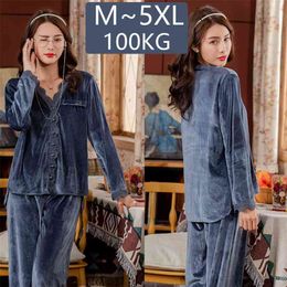 Plus Size Velvet Pyjama set Flannel Warm Pyjamas for Women Long Sleeve Home Suit Sleepwear Housewear Lounge Clothes 5XL 210809