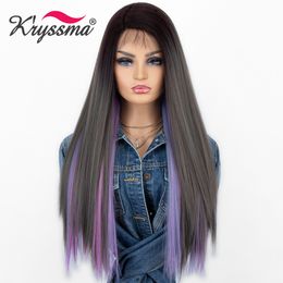 Long Straight Lace Front Wig Synthetic Wigs For Ombre Natural Brown Black Wig Women Cosplay Wigs Mixed Purple Pinkfactory direct