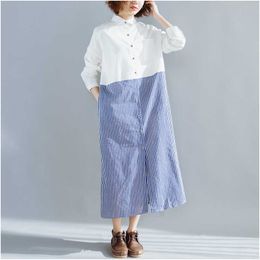 Big Sale Spring and Summer Korea Women Shirts Cotton Linen Casual Long Shirt Dress Patchwork Turn-down Collar 210615