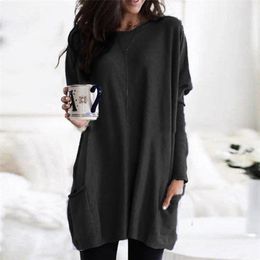 A Long T-Shirts Women Autumn Winter Casual Loose Solid Pullover Round Neck Full Batwing Sleeve Pocket Tops Plus Size 210317