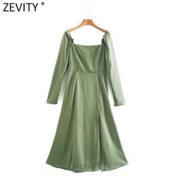 Zevity French Style Elegant Women Square Collar Solid Satin Split Midi Dress Femme Chic Vestido Back Zipper Clothing DS4896 210603