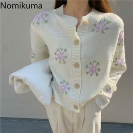 Nomikuma Knitted Sweaters O Neck Long Sleeve Elegant Short Knitwear Single Breasted Flower Cardigans Women Ropa Mujer 3d576 210514