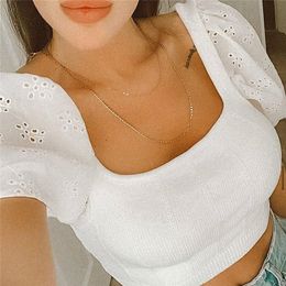 Sexy Office Wear Knitted Hollow Out Patchwork Crop Blouses Women Fashion Square Collar Puff Sleeve Female Shirts Chic Tops 210430