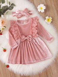 Baby Lace Ruffle Trim Bow Front Velvet Dress With Headband SHE