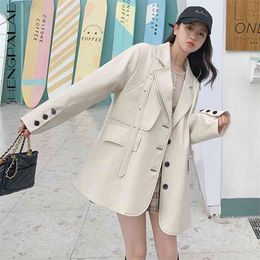 Temperament Blazer Women's Spring Notched Large Size Single Breasted Spliced Bandage Long Sleeve Suit Coat 210427