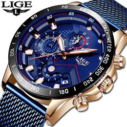 LIGE Blue Casual Mesh Belt Fashion Quartz Gold Watch Mens Watches Top Brand Luxury Waterproof Clock Relogio Masculino 210517