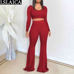 Outfits for Women Solid Exposed Navel Loungewear Slim Flared Pants Long Sleeve Arrival Casual O Neck Two Piece Set 210520