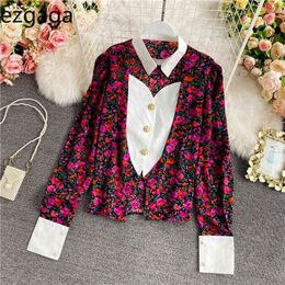 Ezgaga Patchwork Women Blouse Korean Fashion Hollow Out Chiffon Vintage Long Sleeve Floral Printed Elegant Shirts Ladies Tops 210430