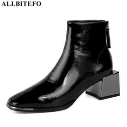 ALLBITEFO metal toe genuine leather thick heels ankle boots for women brand high heels winter snow women boots girls shoes 210611