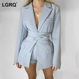 [LGRQ] Slim Fit Khaki Elegant Belted Lace Jackets Notched Neck Long Sleeve Women's Coat Fashion Autumn Winter 19D1909 211105