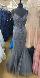 Grey Long Prom Dress Mermaid Tulle Beaded Floor Length Sleeveless Party Gown Tailor Made Plus Size Available