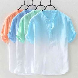Men Cool Cotton Linen Shirt Breathable Gradient Colour Casual Summer Short Sleeve Beach Tops Holiday Vacation Clothing -OPK 210721