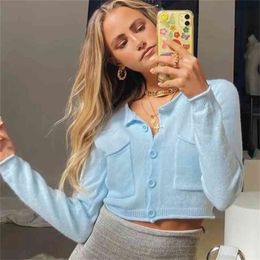 knitted cropped sweater cardigans women long sleeve button up vintage short cardigan pockets autumn winter tops 210427