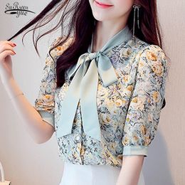 Chemisier Femme Summer Elegant Bow Floral Short Sleeve Chiffon Blouse Women Korean Loose Slim OL Tops 9543 210427