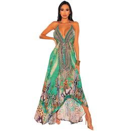 Green Print Sling Dress Women Summer Sexy Halter Backless Retro V-neck Loose Long Dresses Feminina LR1234 210531