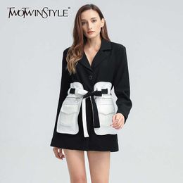 TWOTYLE Patchwork Hit Colour Blazer For Women Notched Long Sleeve High Waist Lace Up Casual Blazers Female Fashion 210930