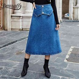 Zipper Back Long Denim Skirt Women Autumn winter Casual Streetwear High Waist Button Front A-Line Jean Female 210510