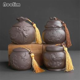 Purple Clay Candy Storage Tank Sealed Cans Portable Vintage Spice Jar Hand Carved Small Tea Caddies Creative Food Container