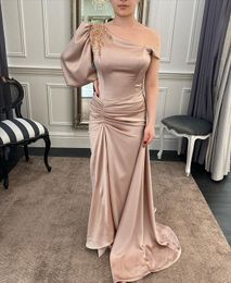 Aso Ebi 2021 Arabic Plus Size Champagne Beaded Sequins Evening Dresses Sheath Satin Prom Formal Party Second Reception Gowns ZJ205