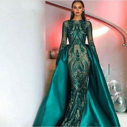 Elegant Green Long Sleeves Evening Dresses With Detachable Train Sequin Bling Moroccan Kaftan Formal Party Gown Prom Dress Vestido de novia