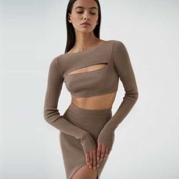 women's slim cut out long sleeve suit two piece sexy slit skirt Short Above Knee, Mini 210602