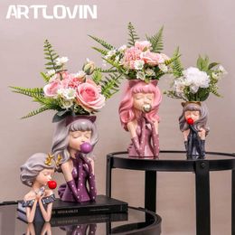 ARTLOVIN Bubble Gum Girl Flower Vase Resin Artificial Plant Pot Abstract Flower Pot Stylish Home Decor Desktop Ornament Figurine 210615