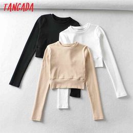 Tangada Women Basic Strethy Crop Cotton T Shirt Long Sleeve O Neck Tees Ladies Casual Tee Shirt Street Wear Top CH7 210819