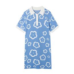 Blue Floral Print Turn Down Collar Short Sleeve Knitting Button Mini Dress Women Female Summer Polo D1144 210514