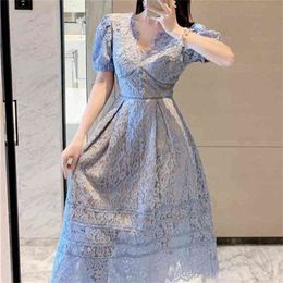 Vintage Patchwork Lace Dress For Women V Neck Lantern Sleeve High Waist Long Dresses Female Fashion 210603