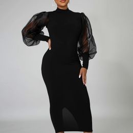 Black Bodycon Women Dress Patchwork Mesh Long Lanter Sleeves Slit Mid-length Slim Dresses Elegant Fashion Female Vestidos 210325