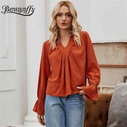 Frill Neck Pleat Front Cotton Linen Blouse Women Spring Flounce Long Sleeve Solid Casual Ladies Tops And Blouses 210510